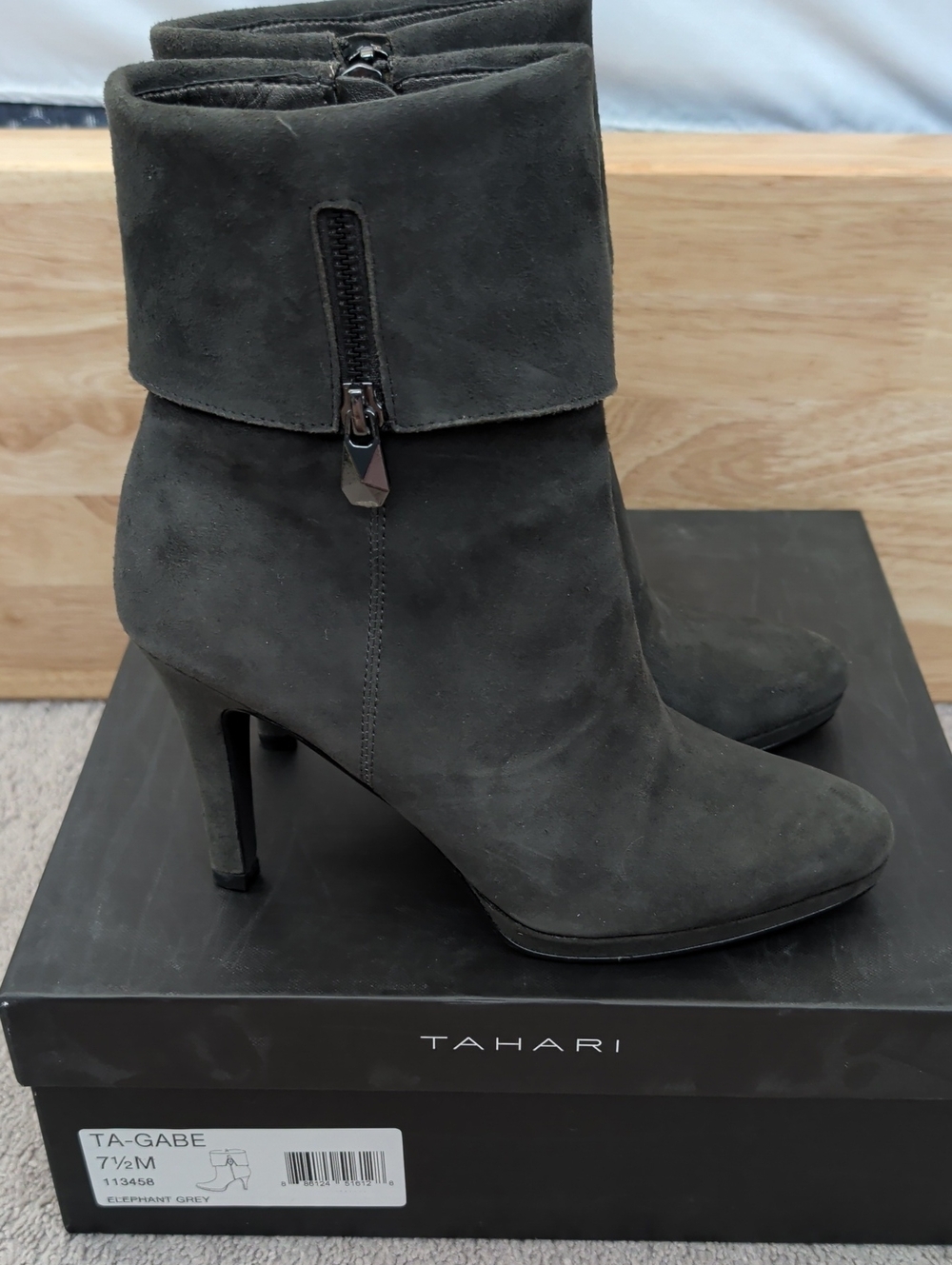 Tahari Gabe Gray Suede Fold-Over Ankle Boots